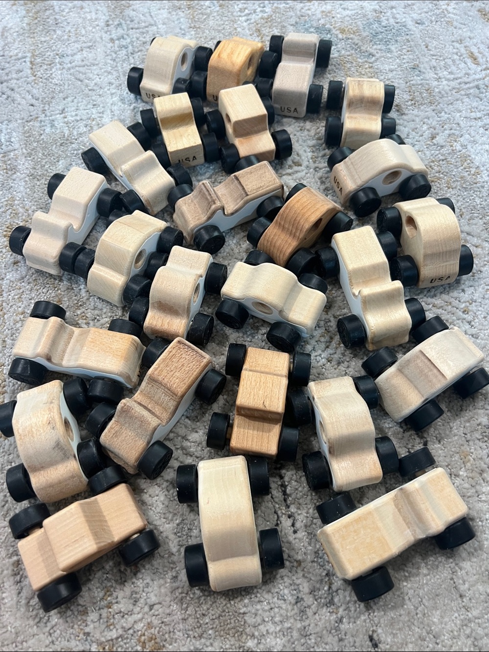 25 Wooden Mini Cars toys - Natural Wood with Black Wheels USA made z92